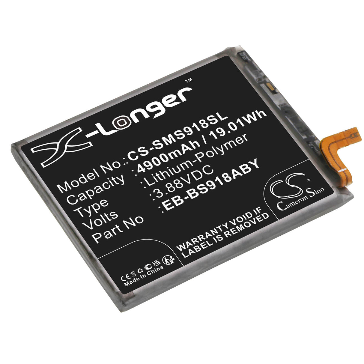3.88V, Li-Polymer, 4900mAh, SmartPhone battery fits Samsung, Eb-bs918aby, Galaxy S23 Ultra, Galaxy S23 Ultra 5g, 19.01Wh Mobile, SmartPhone Cameron Sino Technology Limited (Smartphone)