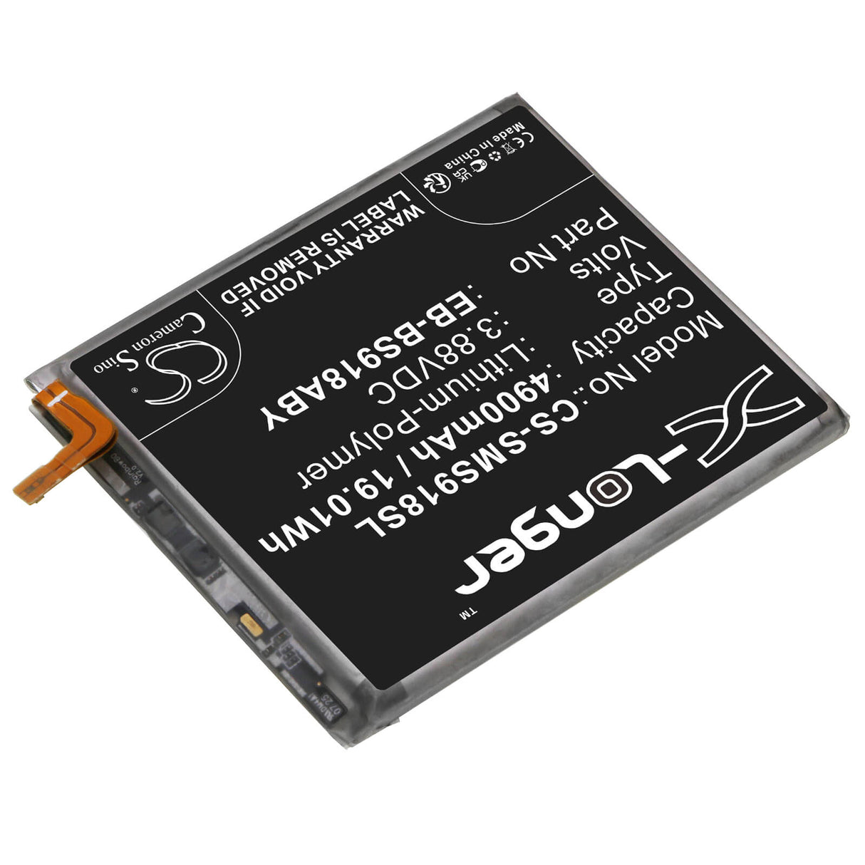 3.88V, Li-Polymer, 4900mAh, SmartPhone battery fits Samsung, Eb-bs918aby, Galaxy S23 Ultra, Galaxy S23 Ultra 5g, 19.01Wh Mobile, SmartPhone Cameron Sino Technology Limited (Smartphone)