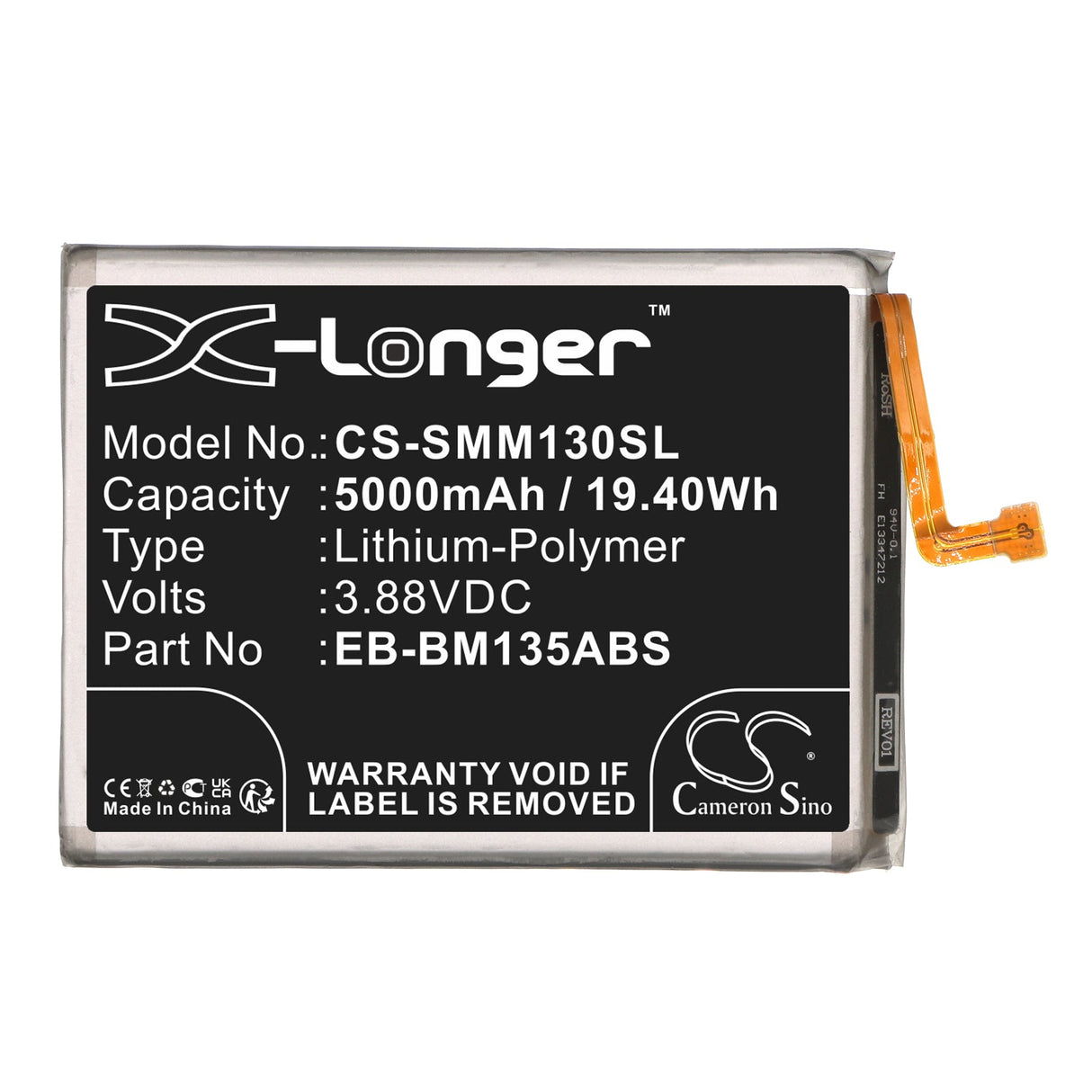 3,88V, Li-Polymère, 5000mAh, batterie de smartphone compatible avec Samsung, Eb-bm135abs, Galaxy M13, Galaxy M13 5g 2022, 19,4Wh Mobile, Smartphone Cameron Sino Technology Limited (Smartphone)
