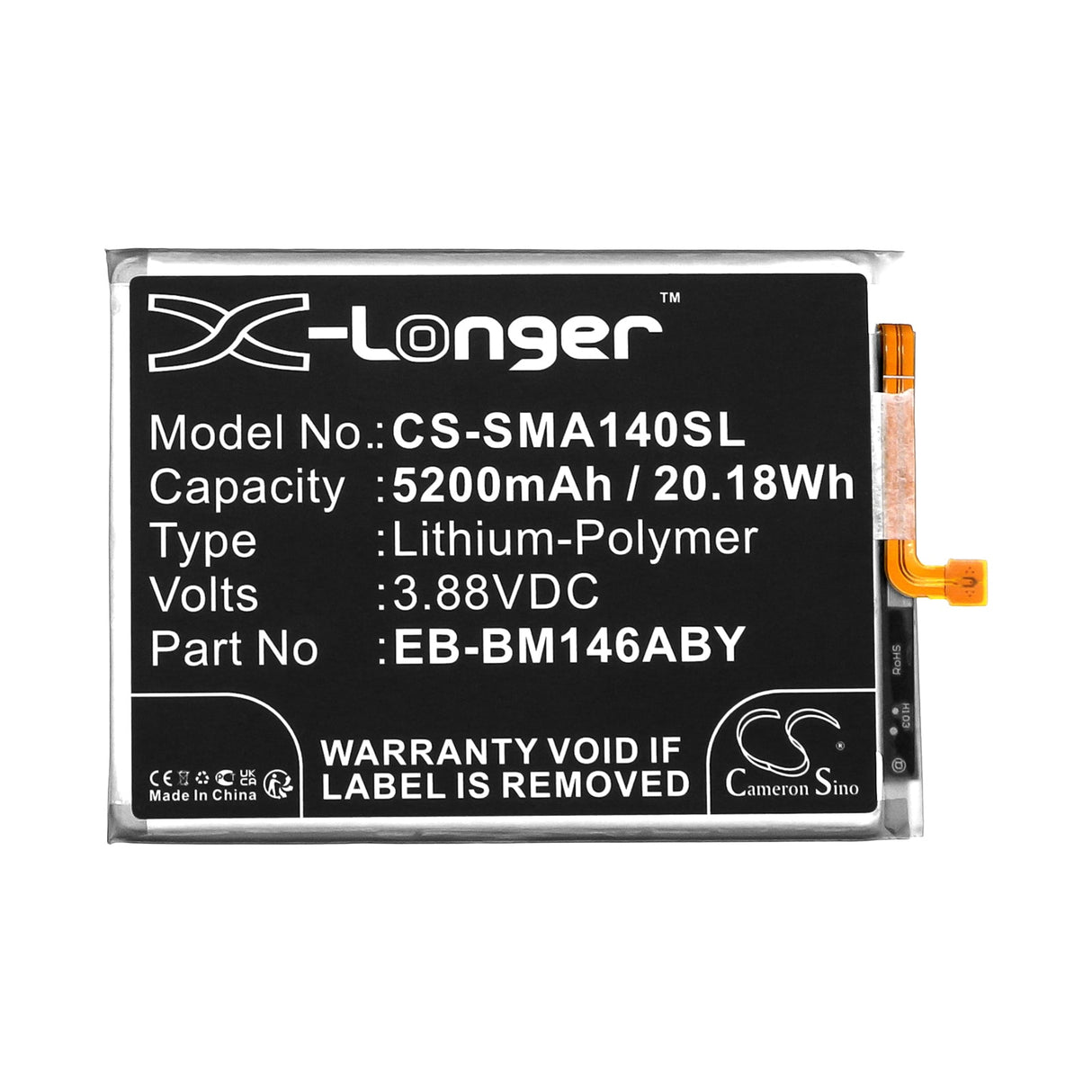 3,88V, Li-Polymer, 5200mAh, batterie de smartphone compatible avec Samsung, Eb-bm146aby, Galaxy M14, Galaxy M14 5g, 20,18Wh Mobile, Smartphone Cameron Sino Technology Limited (Smartphone)