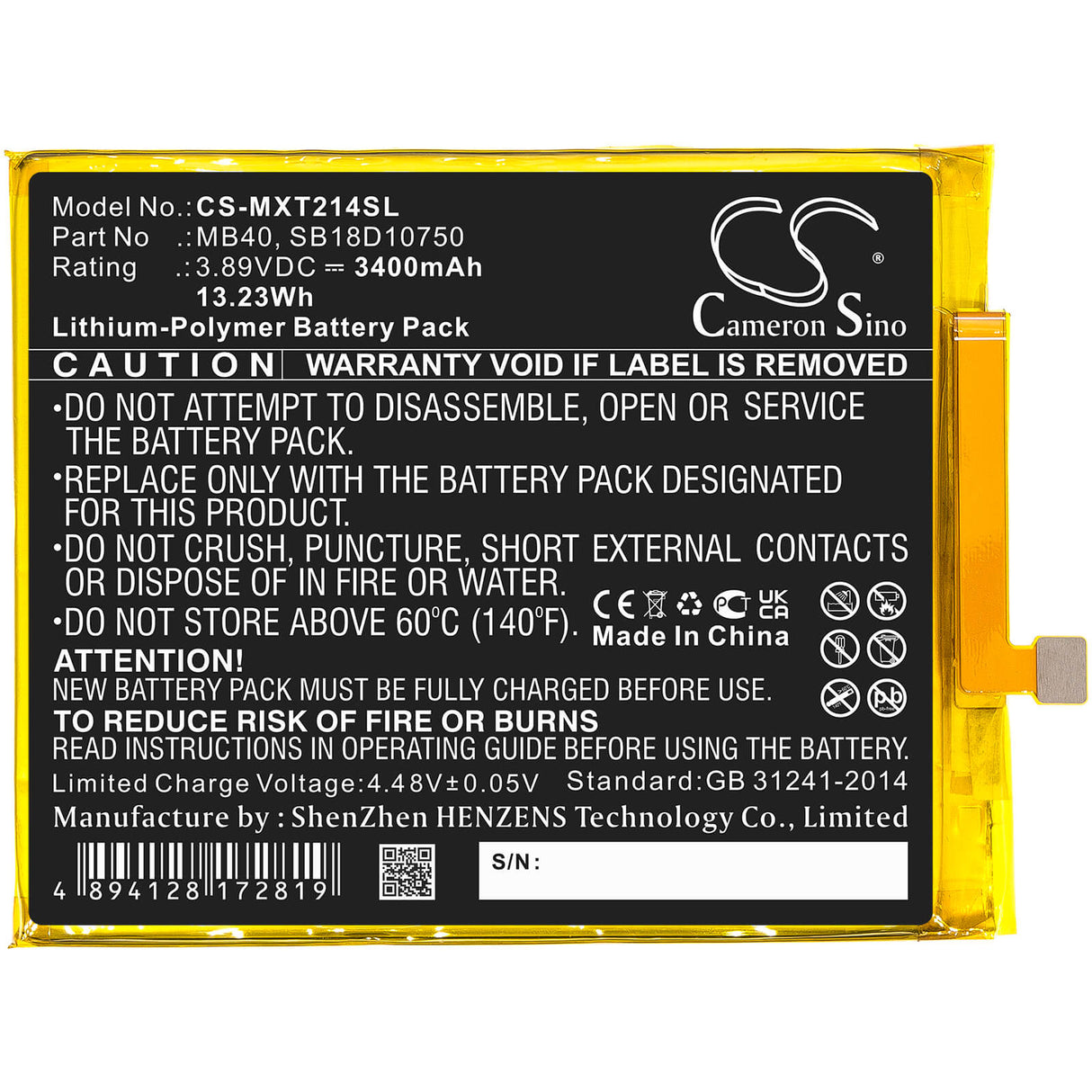 3.89V, Li-Polymer, 3400mAh, SmartPhone battery fits Motorola, Mb40, Edge 20 5g 2021, Moto Edge 20 5g, 13.23Wh Mobile, SmartPhone Cameron Sino Technology Limited (Smartphone)