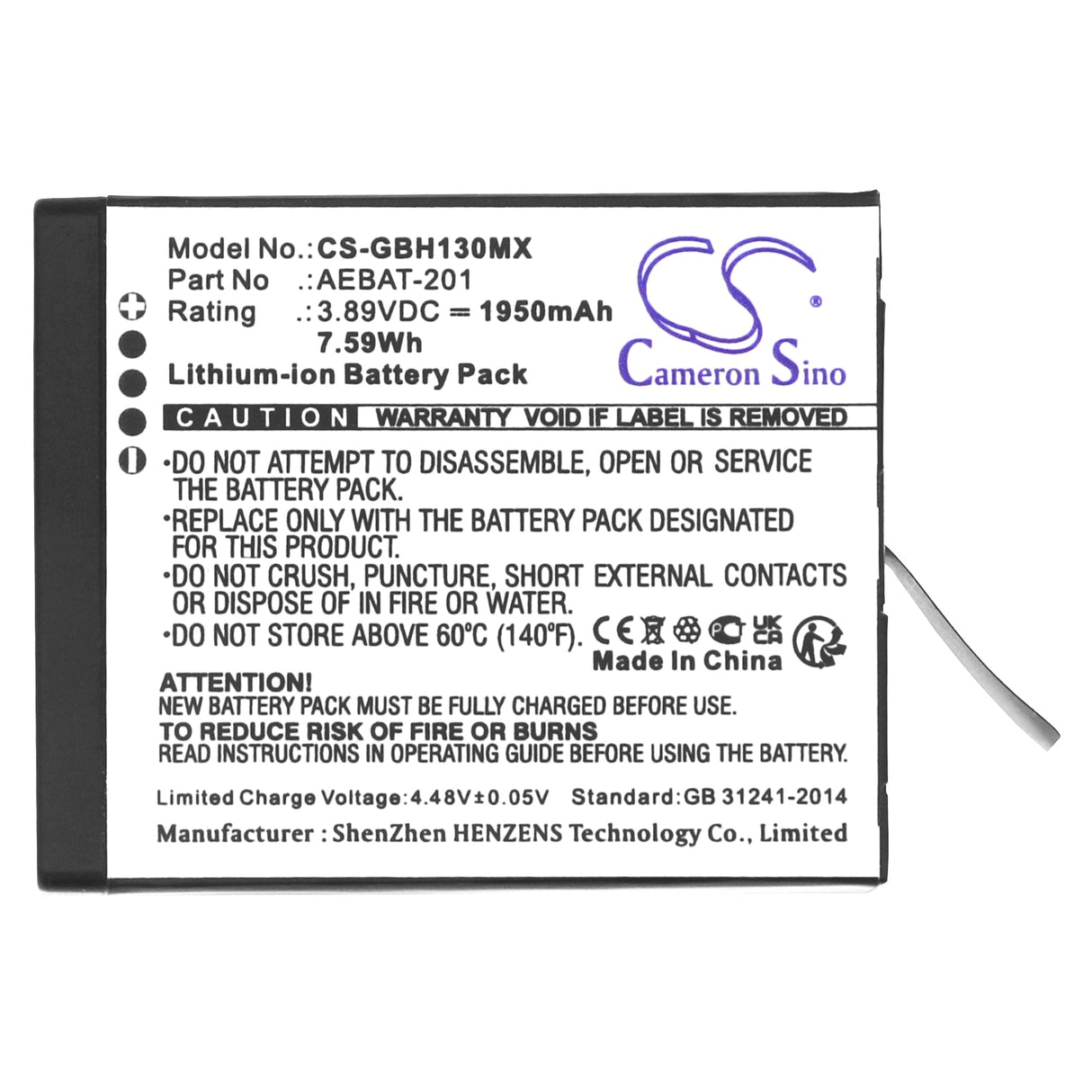 3.89V, Li-ion, 1950mAh, Batterie de caméra compatible avec Gopro, Aebat-201, Hero 13, 7.5855Wh Caméra Cameron Sino Technology Limited (Caméra)