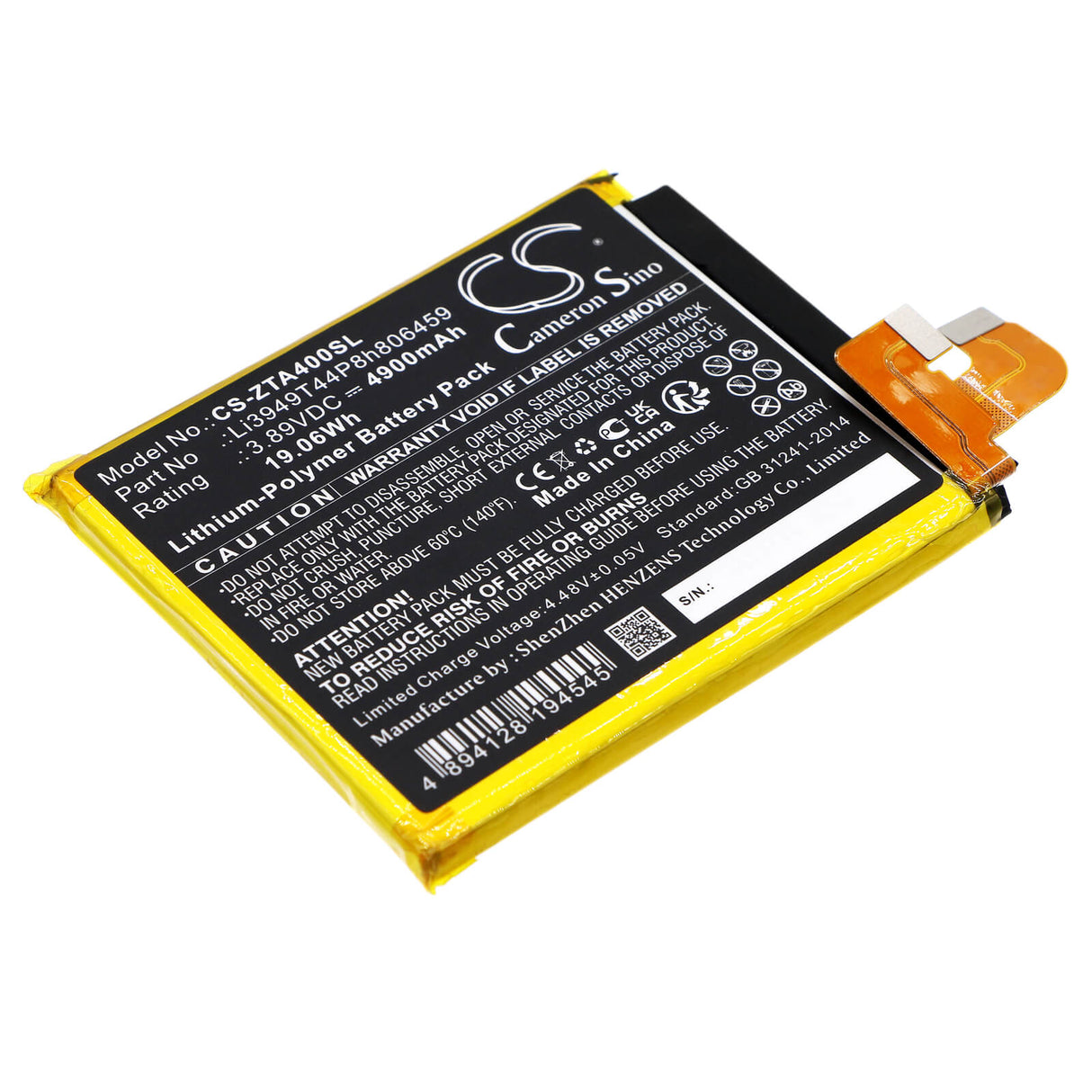 3.89V, Li-Polymer, 4900mAh, SmartPhone battery fits Zte, Li3949t44p8h806459, A2023p, A2023ph, 19.06Wh Mobile, SmartPhone Cameron Sino Technology Limited (Smartphone)