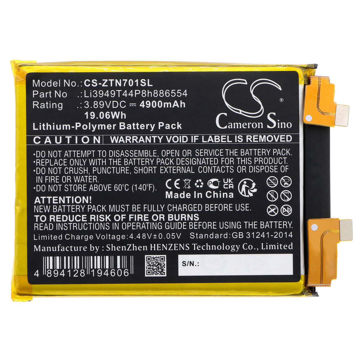 3.89V, Li-Polymer, 4900mAh, SmartPhone battery fits Zte, Li3949t44p8h886554, Nubia Z40 Pro, Nubia Z40 Pro 5g, 19.06Wh Mobile, SmartPhone Cameron Sino Technology Limited (Smartphone)