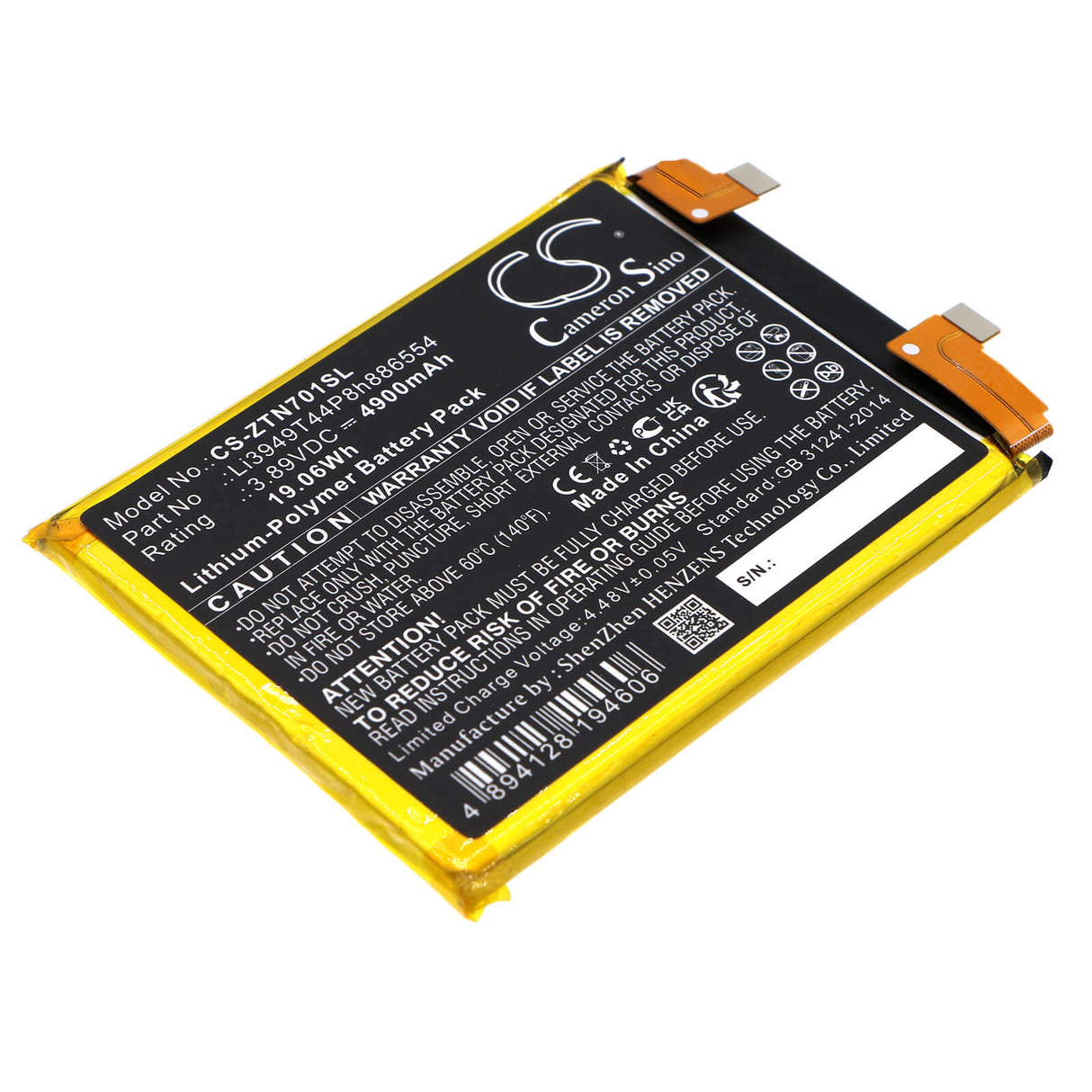 3.89V, Li-Polymer, 4900mAh, SmartPhone battery fits Zte, Li3949t44p8h886554, Nubia Z40 Pro, Nubia Z40 Pro 5g, 19.06Wh Mobile, SmartPhone Cameron Sino Technology Limited (Smartphone)