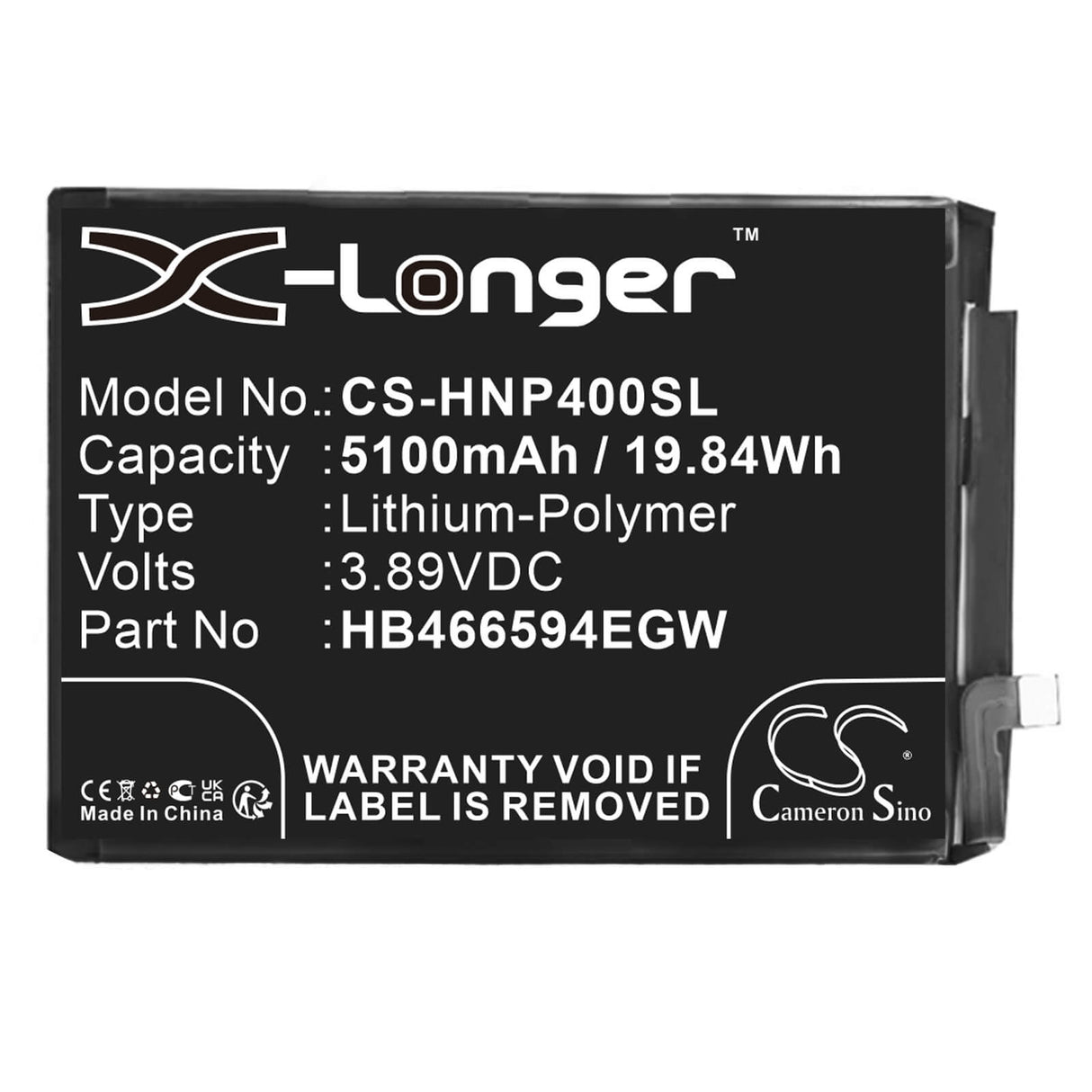 3,89V, Li-Polymère, 5100mAh, Mobile, batterie pour smartphone compatible avec Honor, Hb466594egw, Play 40, Wdy-an00, 19,839Wh Communications Cameron Sino Technology Limited