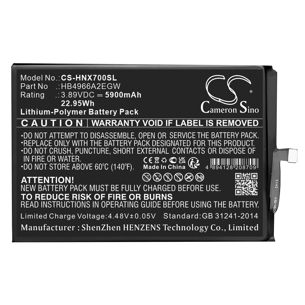3,89V, Li-Polymer, 5900mAh, batterie de smartphone compatible Honor, Hb4966a2egw, Clk-lx1, Clk-lx2, 22,95Wh Mobile, Smartphone Cameron Sino Technology Limited (Smartphone)