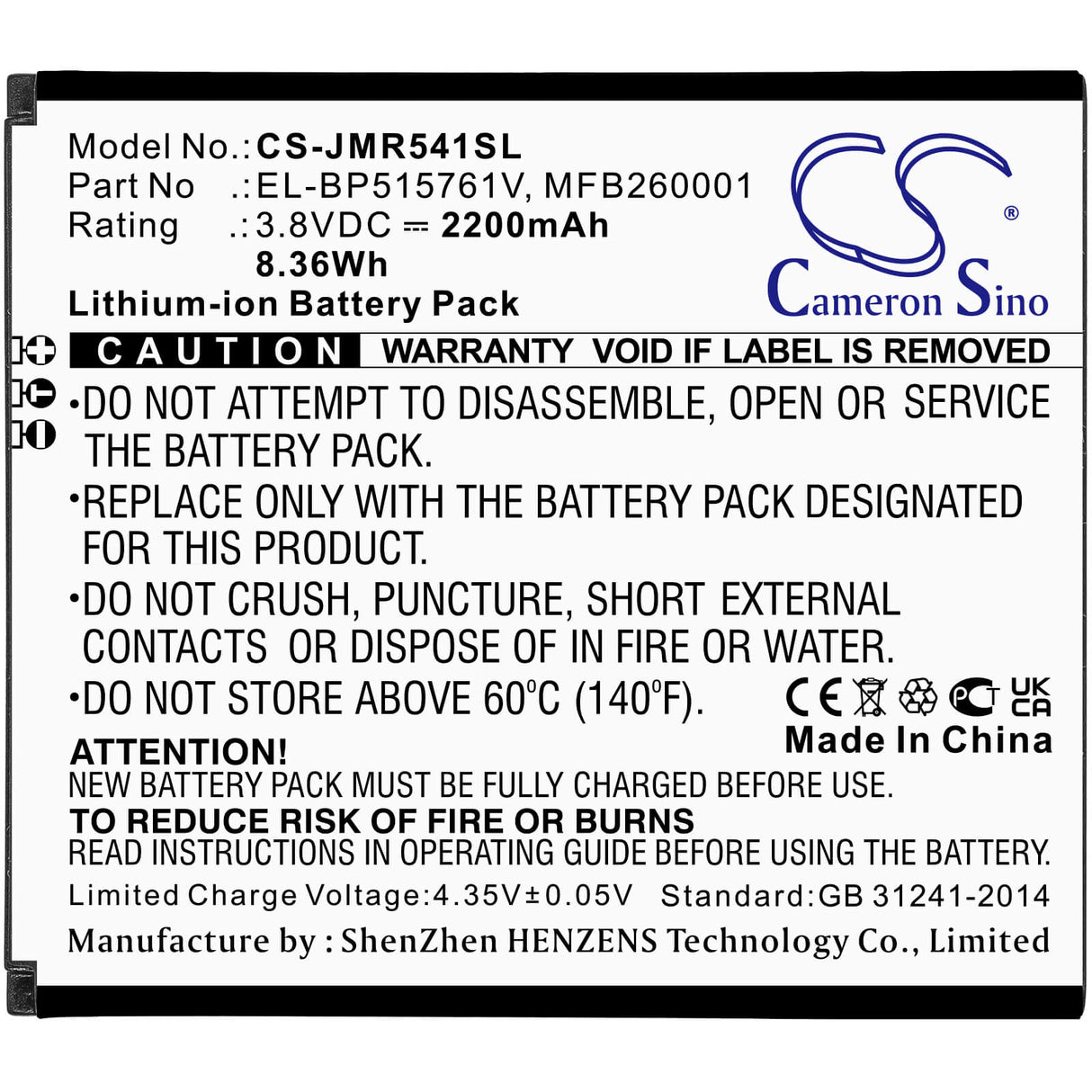 3,8V, Li-ion, 2200mAh, batterie Hotspot compatible avec Jio, El-bp515761v, Jmr541, 8,36Wh Hotspot Cameron Sino Technology Limited
