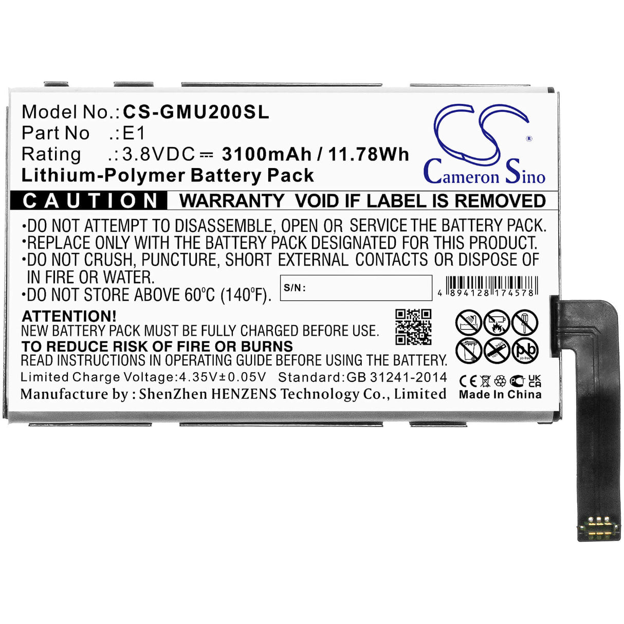3,8V, Li-Polymère, 3100mAh, Batterie Hotspot compatible avec Glocalme, E1, Glmu18a02, 11,78Wh Hotspot Cameron Sino Technology Limited