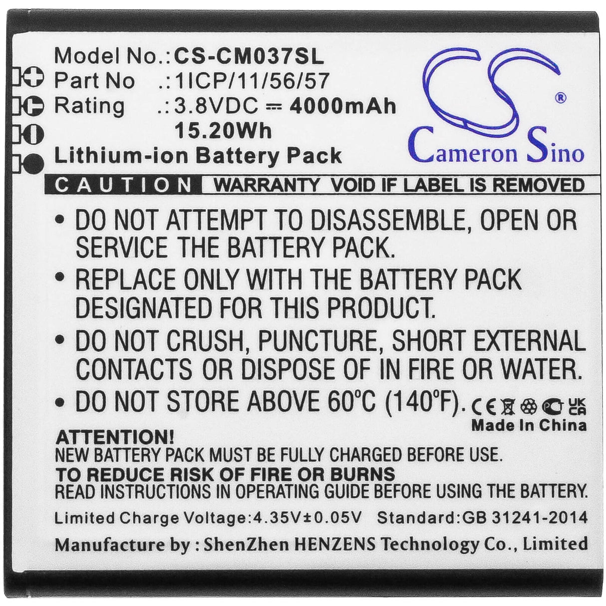 3,8V, Li-ion, 4000mAh, Batterie Pack batterie convient aux Packs de Batterie Personnalisés, (V1), 1icp/11/56/57, 15,2Wh Batterie Pack Cameron Sino Technology Limited