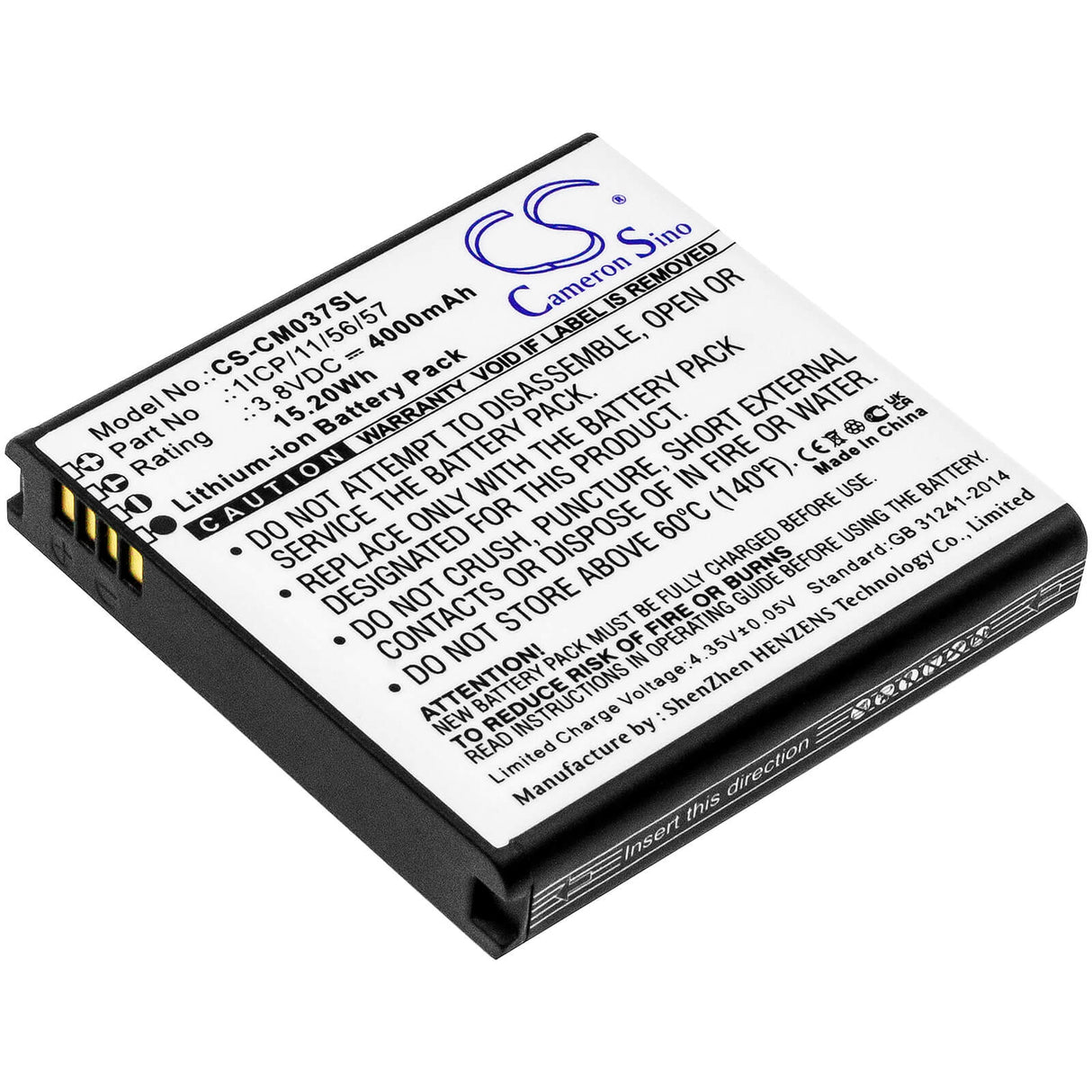 3,8V, Li-ion, 4000mAh, Batterie Pack batterie convient aux Packs de Batterie Personnalisés, (V1), 1icp/11/56/57, 15,2Wh Batterie Pack Cameron Sino Technology Limited