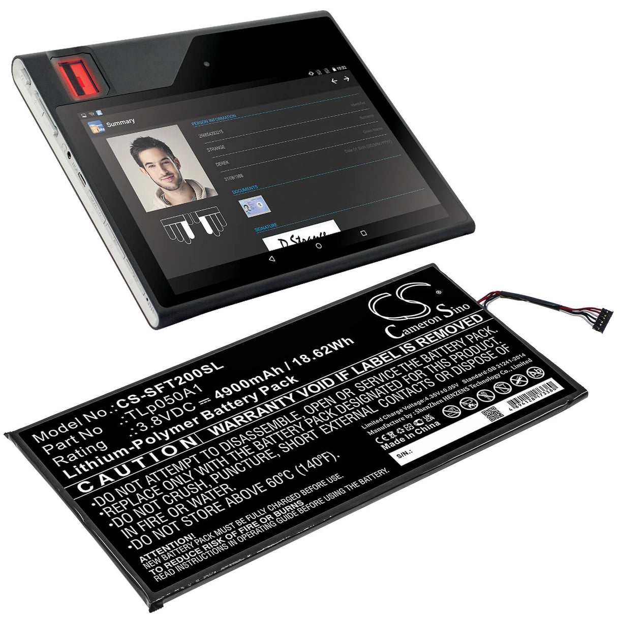 3.8V, Li-Polymer, 4900mAh, Tablet battery fits Safran, Idemia, Tlp050a1, Morphotablet 2, 18.62Wh Tablet Cameron Sino Technology Limited