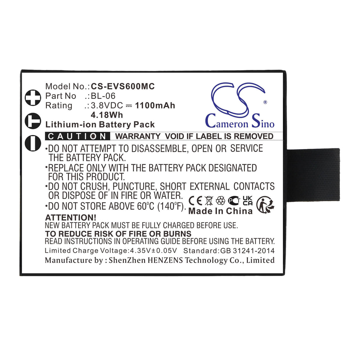 3.8V, Li-ion, 1100mAh, Camera battery fits Ezviz, Bl-06, S1c, S2, 4.18Wh Camera Cameron Sino Technology Limited (Camera)