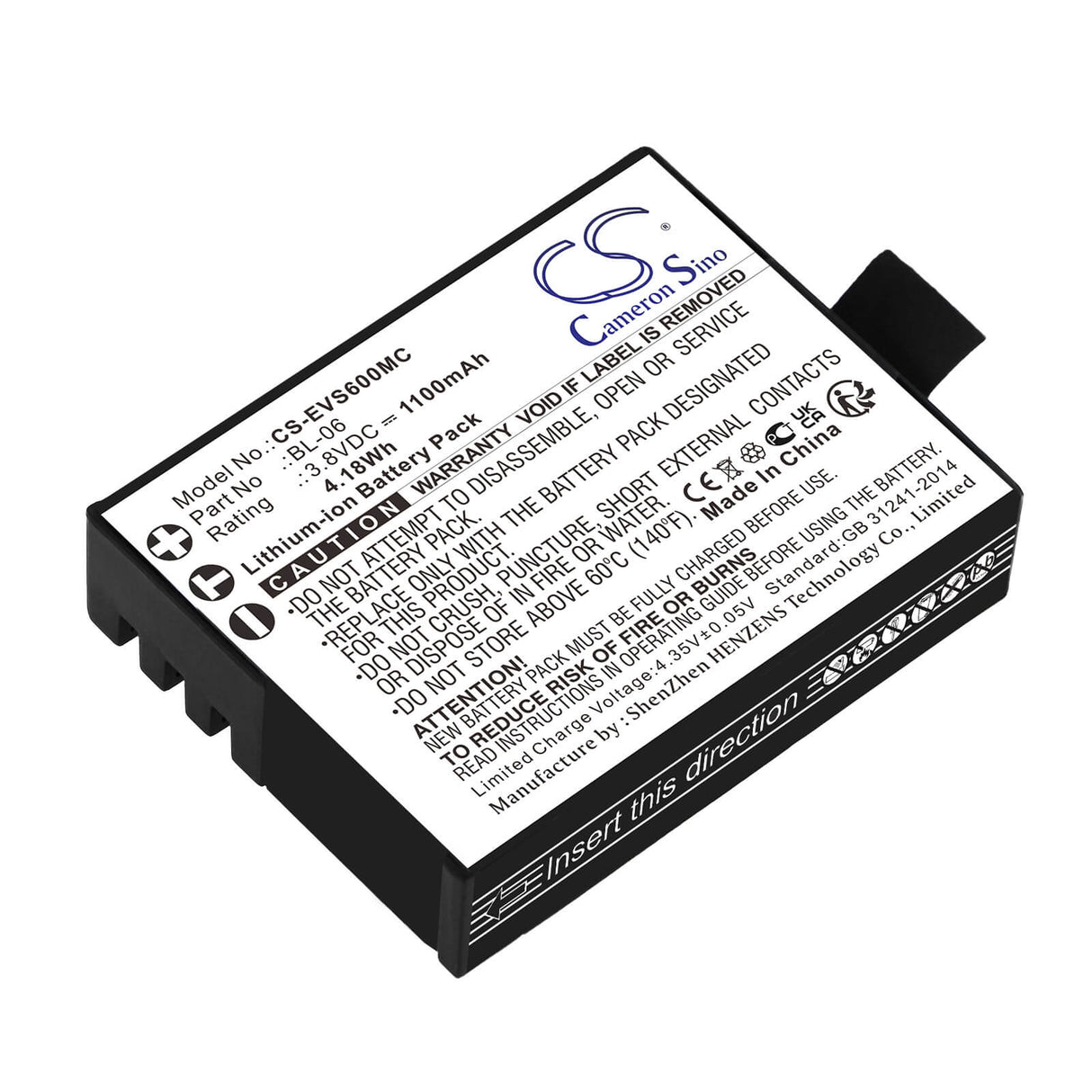 3.8V, Li-ion, 1100mAh, Camera battery fits Ezviz, Bl-06, S1c, S2, 4.18Wh Camera Cameron Sino Technology Limited (Camera)