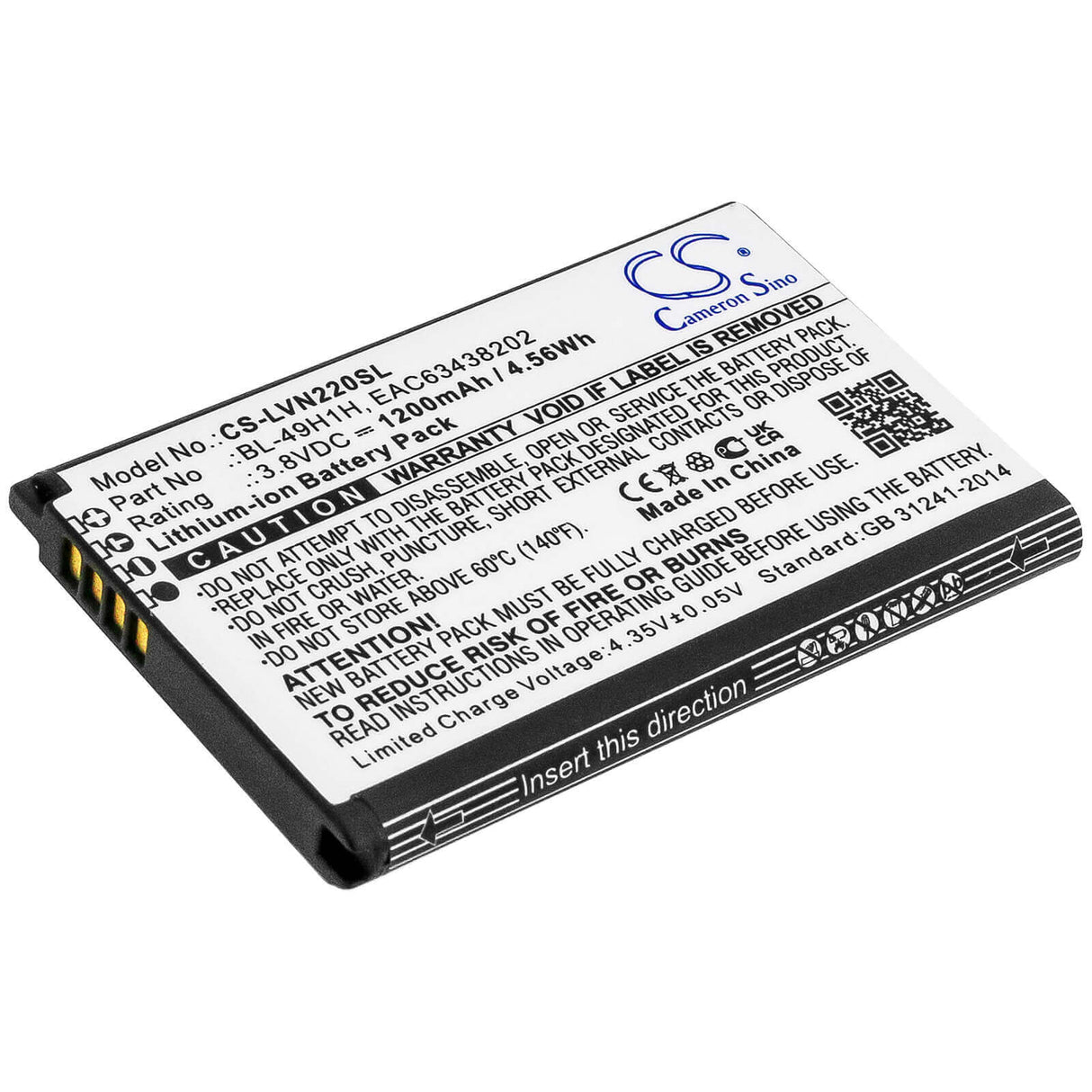 3.8V, Li-ion, 1200mAh, SmartPhone battery fits Lg, Bl-49h1h, Classic Flip, Exalt Lte 4g, 4.56Wh Mobile, SmartPhone Cameron Sino Technology Limited (Smartphone)