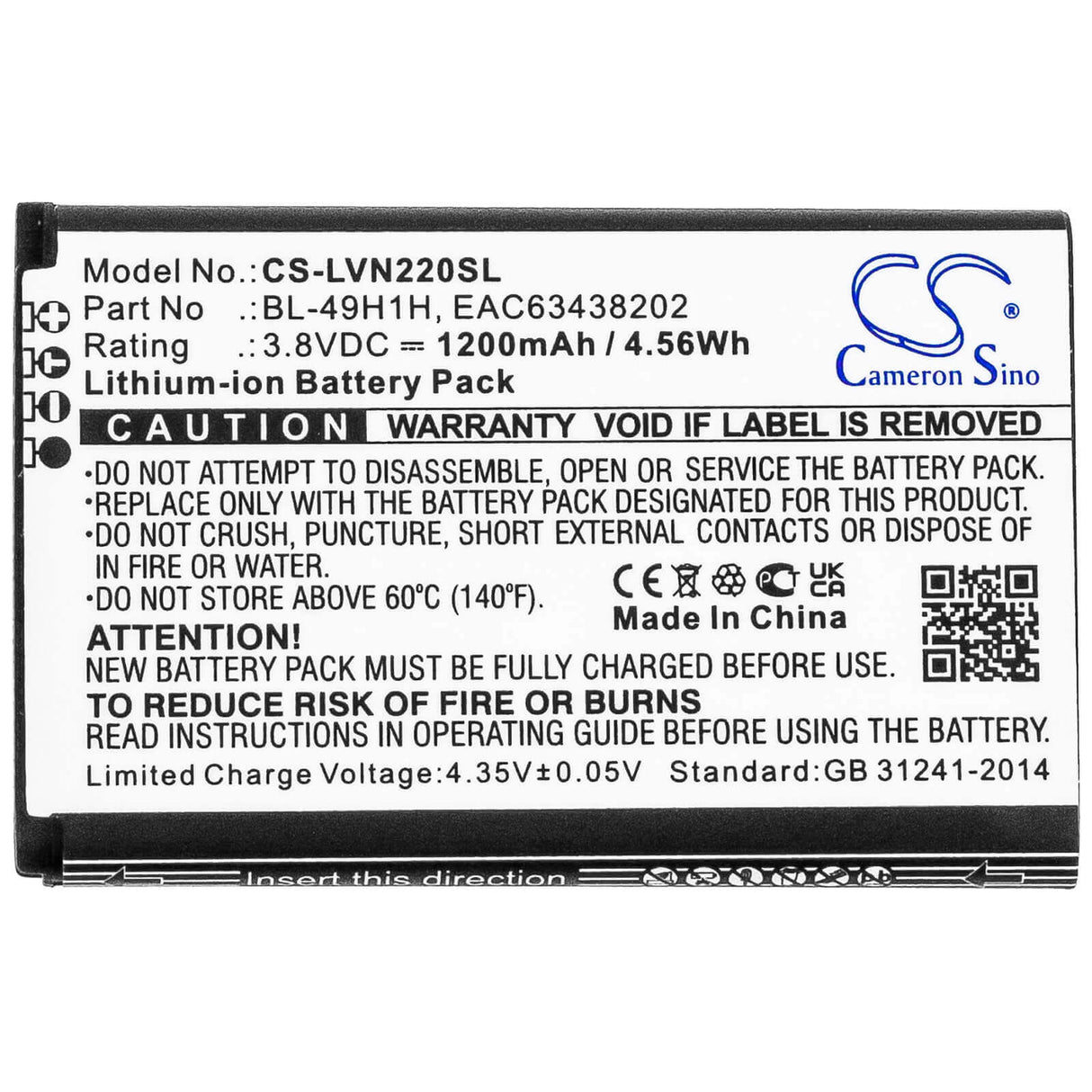 3.8V, Li-ion, 1200mAh, SmartPhone battery fits Lg, Bl-49h1h, Classic Flip, Exalt Lte 4g, 4.56Wh Mobile, SmartPhone Cameron Sino Technology Limited (Smartphone)