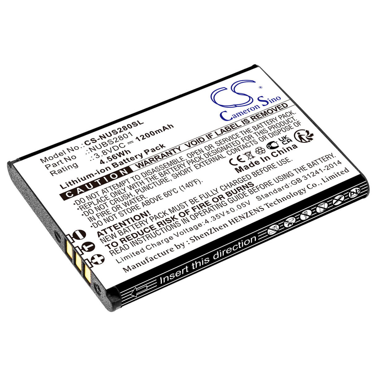 3.8V, Li-ion, 1200mAh, SmartPhone battery fits Nuu, Nubs2801, Mobile F4l 4g Lte, S2801l, 4.56Wh Mobile, SmartPhone Cameron Sino Technology Limited (Smartphone)