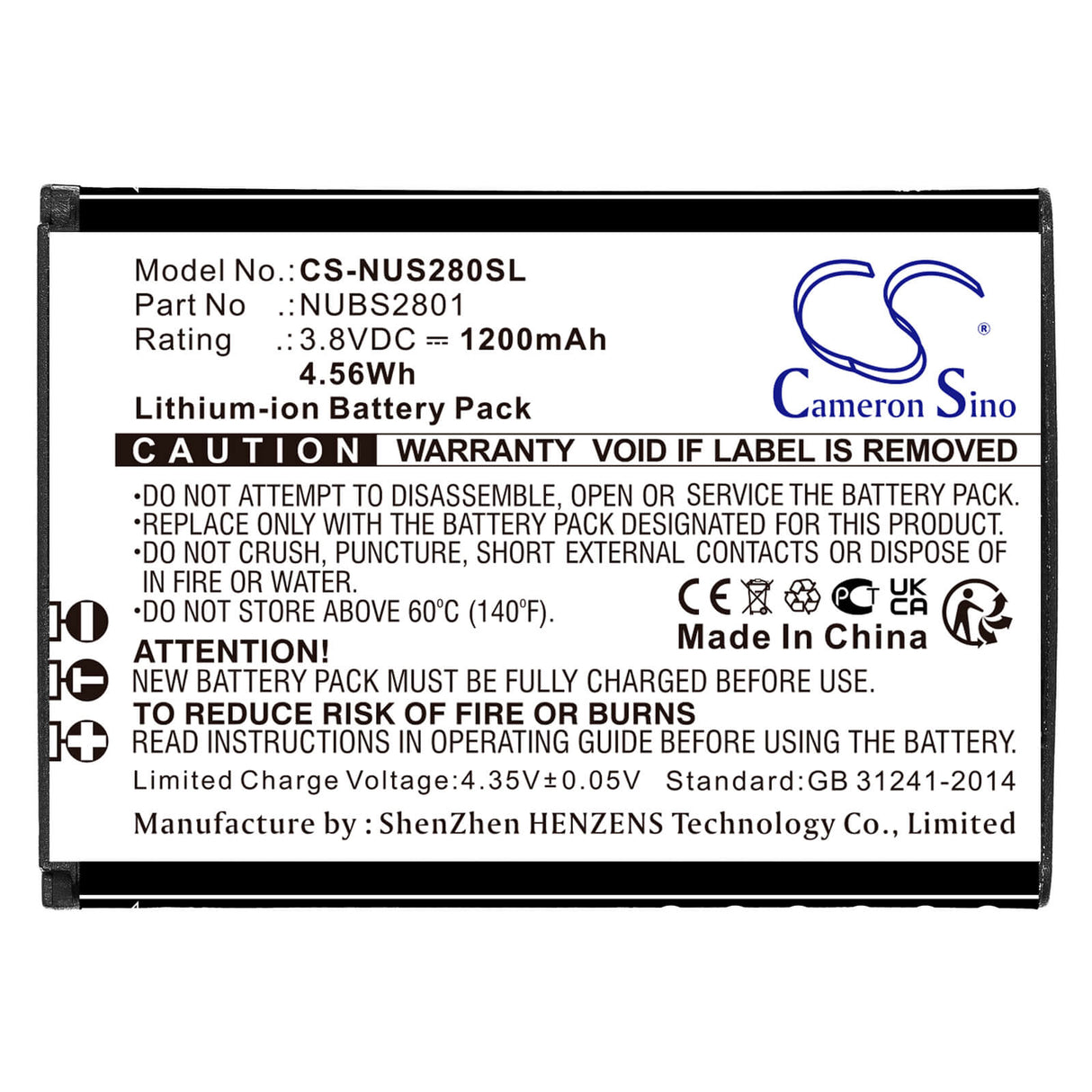 3.8V, Li-ion, 1200mAh, SmartPhone battery fits Nuu, Nubs2801, Mobile F4l 4g Lte, S2801l, 4.56Wh Mobile, SmartPhone Cameron Sino Technology Limited (Smartphone)