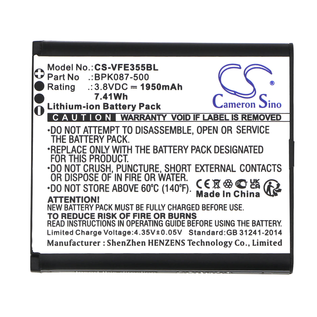 3.8V, Li-ion, 1950mAh, batterie de terminal de paiement convient à Verifone, Bpk087-500, E355, Ipay E355, 7.41Wh Terminal de paiement Cameron Sino Technology Limited