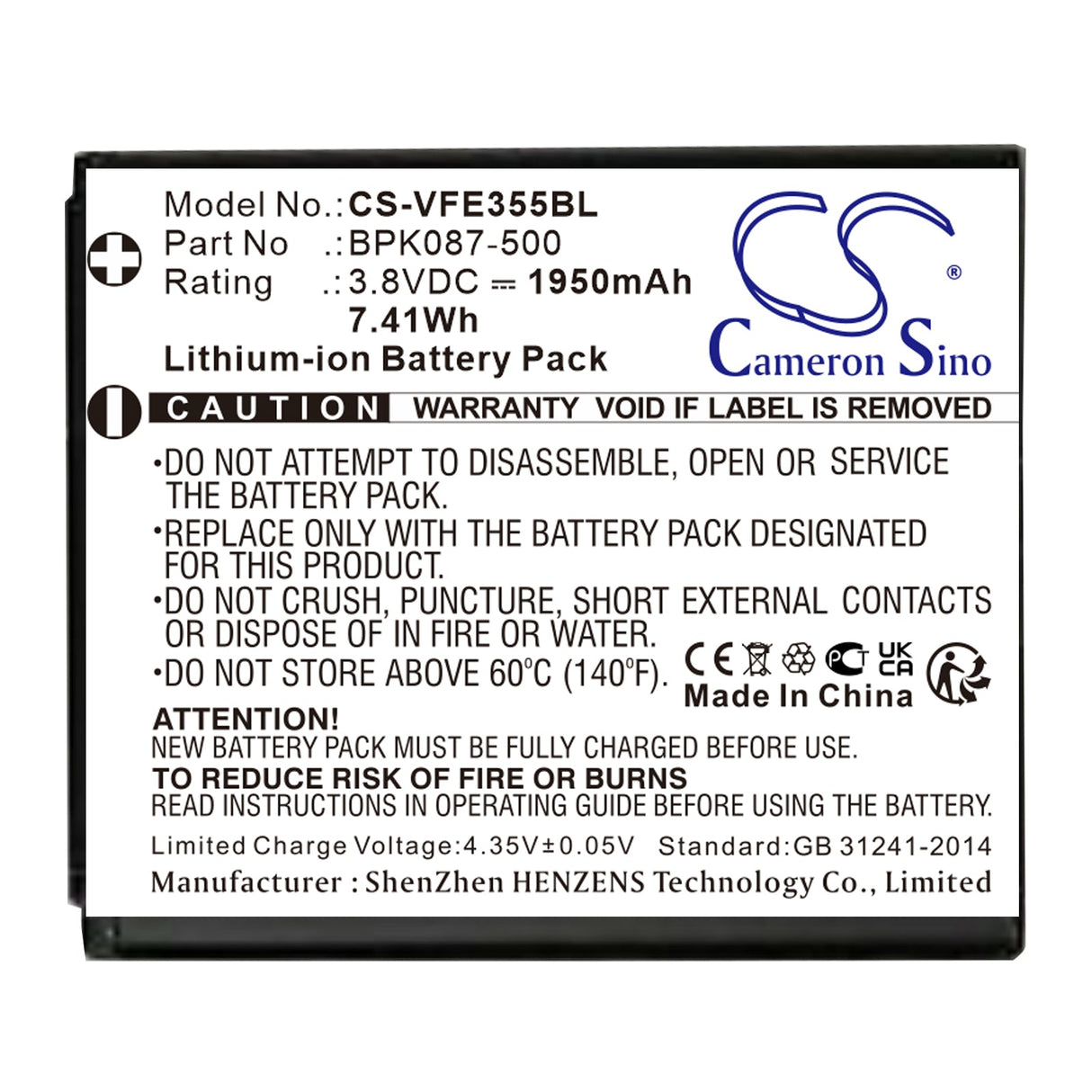 3.8V, Li-ion, 1950mAh, batterie de terminal de paiement convient à Verifone, Bpk087-500, E355, Ipay E355, 7.41Wh Terminal de paiement Cameron Sino Technology Limited