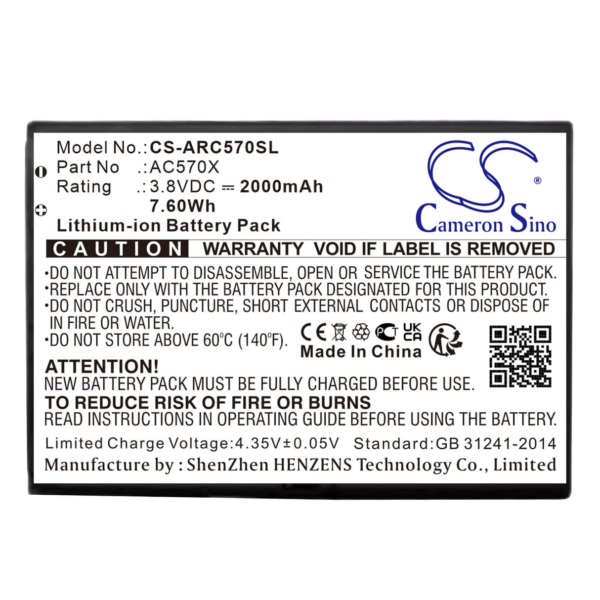 3.8V, Li-ion, 2000mAh, SmartPhone battery fits Archos, Ac570x, Oxygen 57, 7.6Wh Mobile, SmartPhone Cameron Sino Technology Limited (Smartphone)