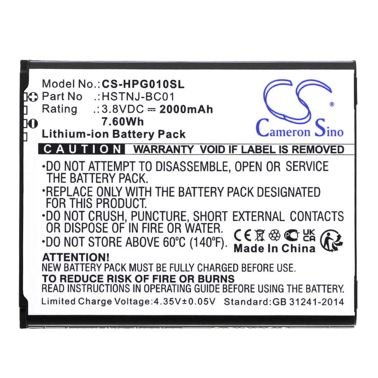 3,8V, Li-ion, 2000mAh, batterie de calculatrice compatible avec Hp, Hstnj-bc01, calculatrice graphique Prime, Prime V1, 7,6Wh Calculatrice Cameron Sino Technology Limited