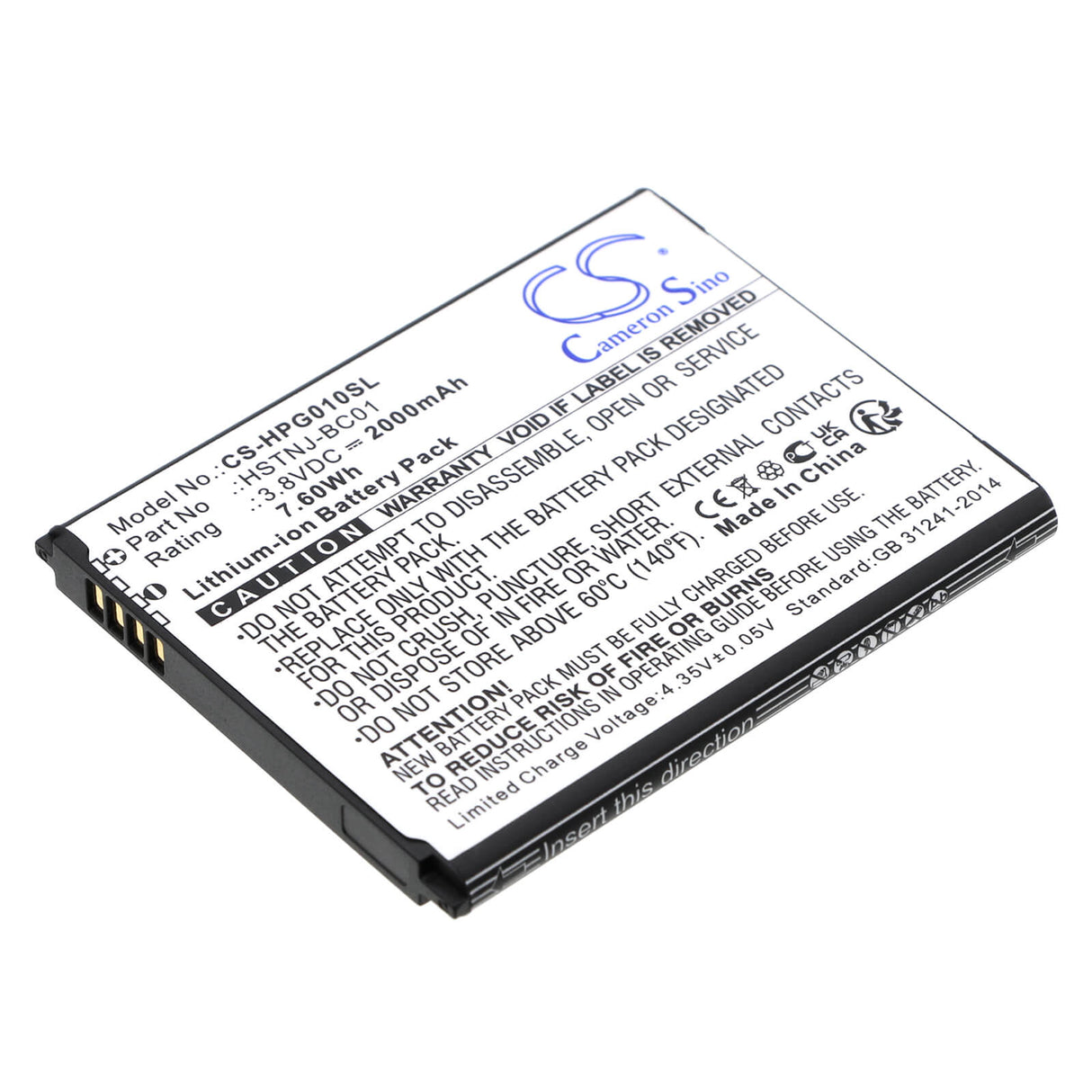 3,8V, Li-ion, 2000mAh, batterie de calculatrice compatible avec Hp, Hstnj-bc01, calculatrice graphique Prime, Prime V1, 7,6Wh Calculatrice Cameron Sino Technology Limited