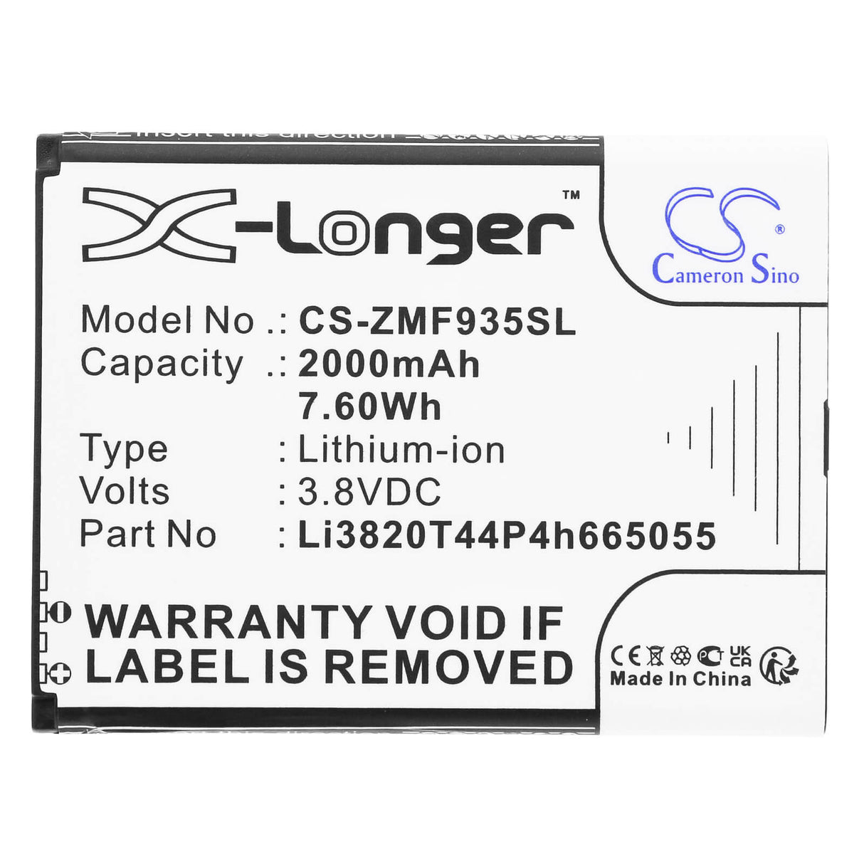 3.8V, Li-ion, 2000mAh, Hotspot battery fits Zte, Li3820t44p4h665055, Mf935, 7.60Wh Hotspot Cameron Sino Technology Limited