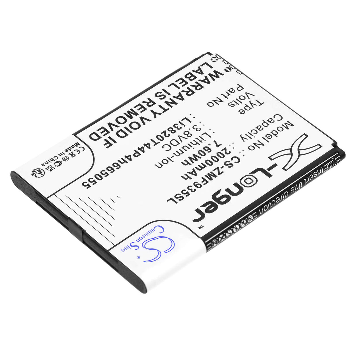 3.8V, Li-ion, 2000mAh, Hotspot battery fits Zte, Li3820t44p4h665055, Mf935, 7.60Wh Hotspot Cameron Sino Technology Limited