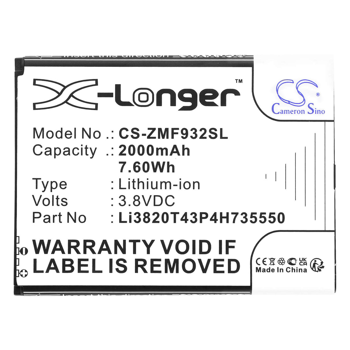 3.8V, Li-ion, 2000mAh, Hotspot battery fits Zte, Li3820t43p4h735550, Wifi5 Mf932, 7.60Wh Hotspot Cameron Sino Technology Limited