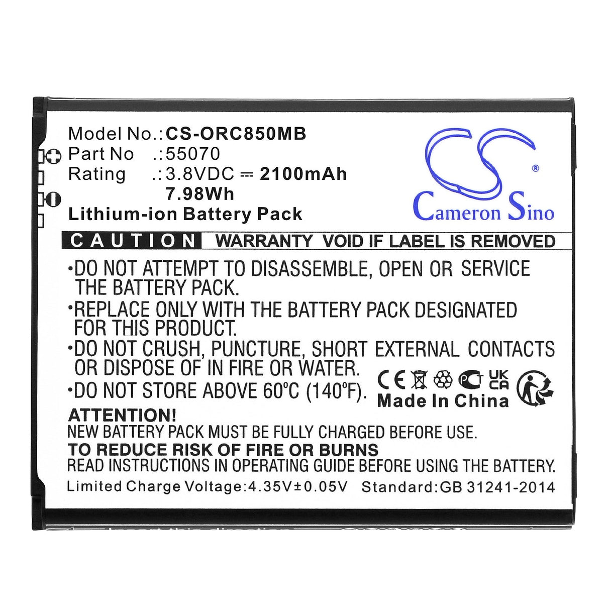 3,8v, Li-ion, 2100mah, Batterie Babyphone Convient à Oricom Secure Sc850, 7.98wh BabyPhone Cameron Sino Technology Limited