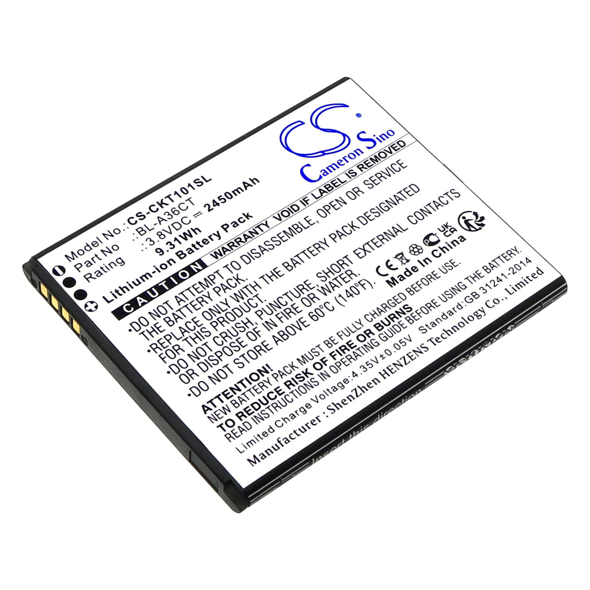 3.8V, Li-ion, 2450mAh, SmartPhone battery fits Cricket, Bl-a36ct, Debut Smart, Sl101ae, 9.31Wh Mobile, SmartPhone Cameron Sino Technology Limited (Smartphone)