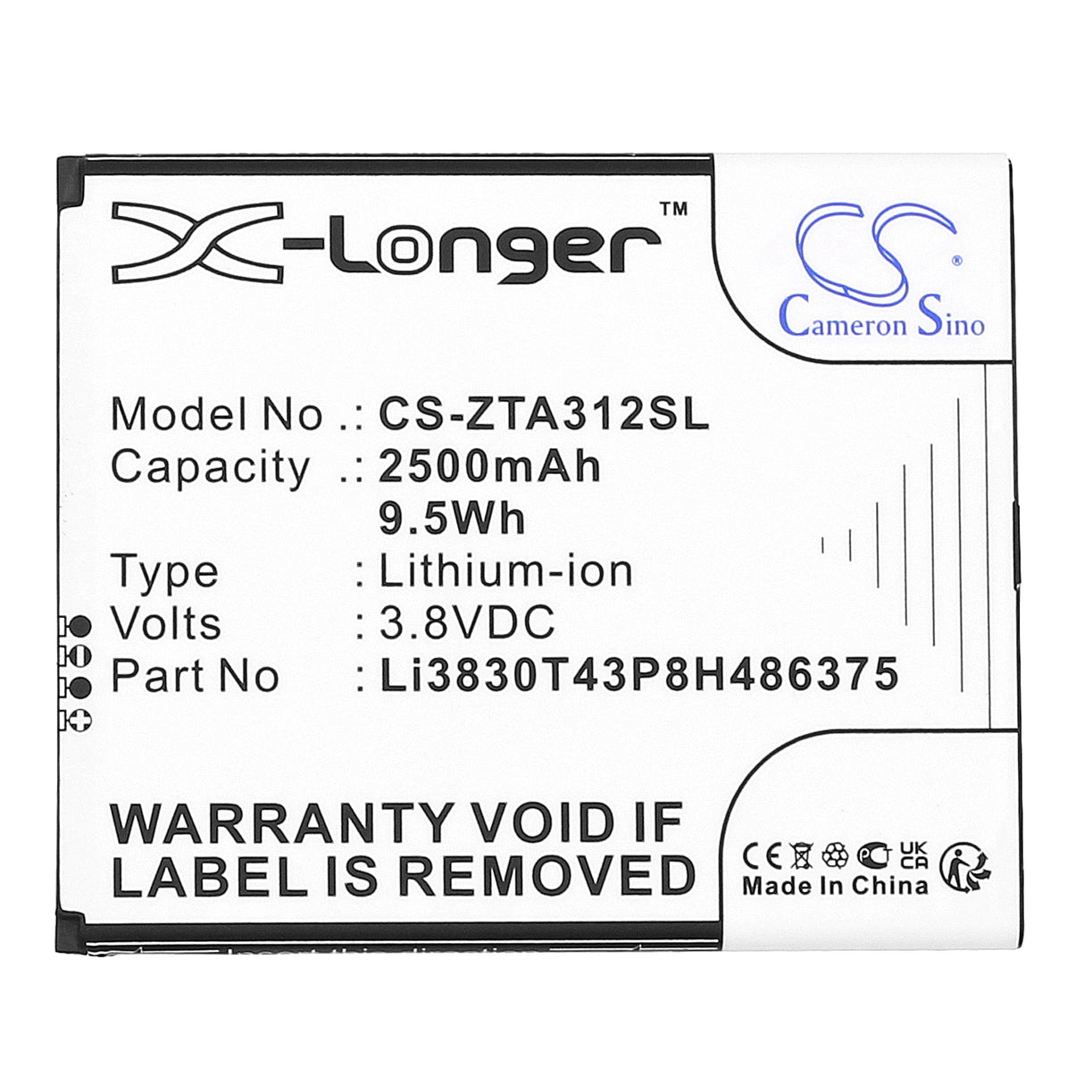 3.8V, Li-ion, 2500mAh, SmartPhone battery fits Zte, Li3830t43p8h486375, Blade A31 2021, 9.5Wh Mobile, SmartPhone Cameron Sino Technology Limited (Smartphone)