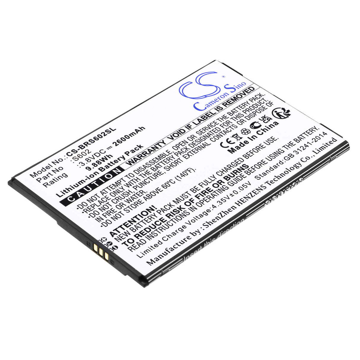 Batterie de smartphone 3.8V, Li-ion, 2600mAh, compatible avec Brondi, S602, Amico Smartphone Xl, S602, 9.88Wh Mobile, SmartPhone Cameron Sino Technology Limited (Smartphone)