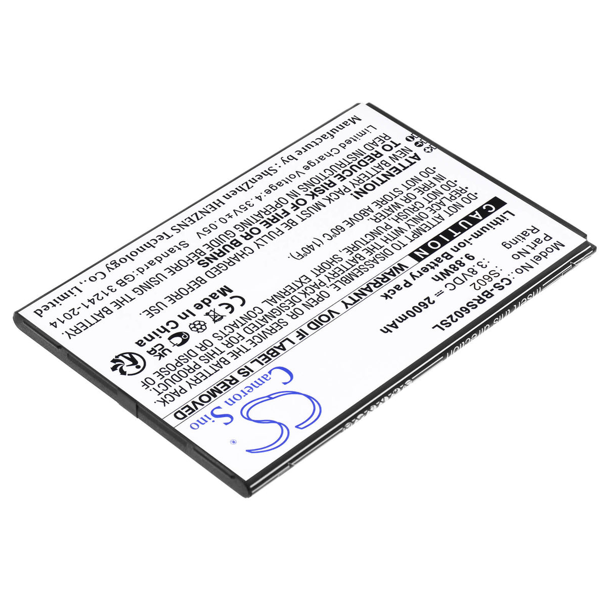 Batterie de smartphone 3.8V, Li-ion, 2600mAh, compatible avec Brondi, S602, Amico Smartphone Xl, S602, 9.88Wh Mobile, SmartPhone Cameron Sino Technology Limited (Smartphone)