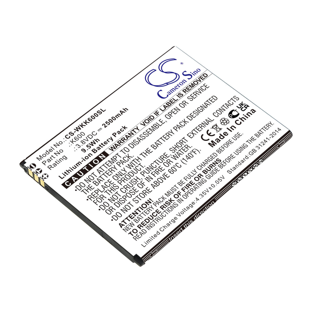 3.8V, Li-ion, 2500mAh, SmartPhone battery fits Wiko, K600, K600, Tommy 3, 9.5Wh Mobile, SmartPhone Cameron Sino Technology Limited (Smartphone)