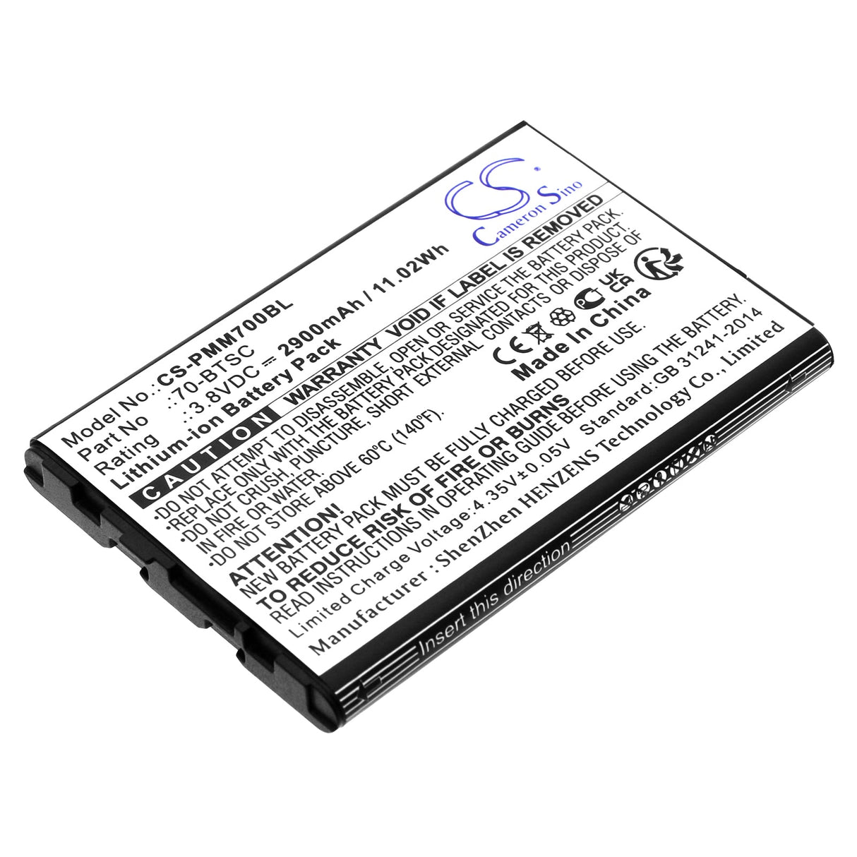 3.8V, Li-ion, 2900mAh, Barcode Scanner battery fits Point Mobile, Pm70, 11.02Wh Barcode Scanner Cameron Sino Technology Limited