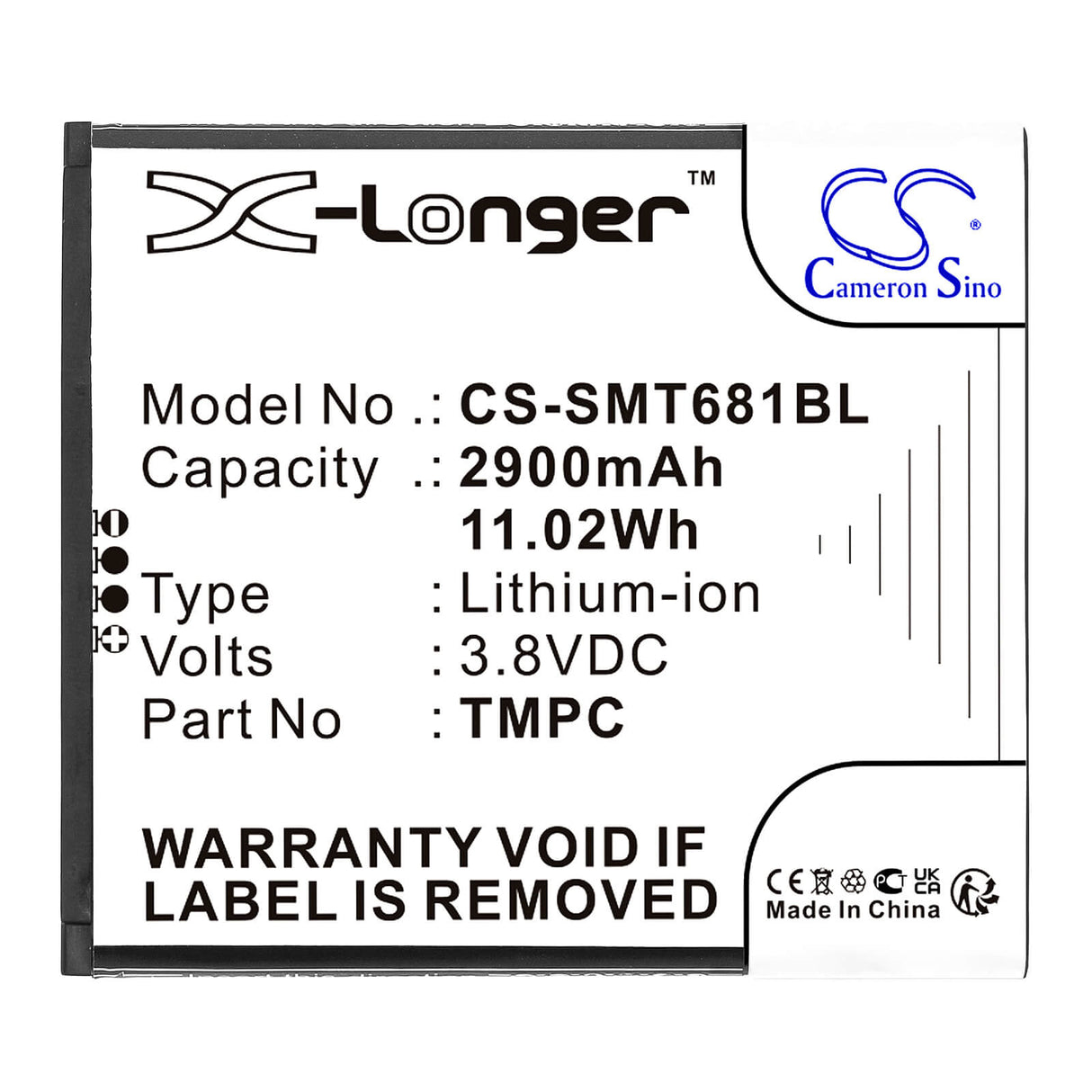 3,8V, Li-ion, 2900mAh, batterie de terminal de paiement compatible avec Sunni, Tmpc, P2 Lite Se, T6810, 11,02Wh Terminal de paiement Cameron Sino Technology Limited