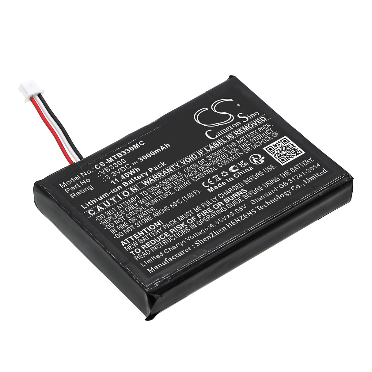 3.8V, Li-ion, 3000mAh, Battery fits Motorola, Vb400, Vb400 Body Camera, 11.40Wh Body Camera Cameron Sino Technology Limited