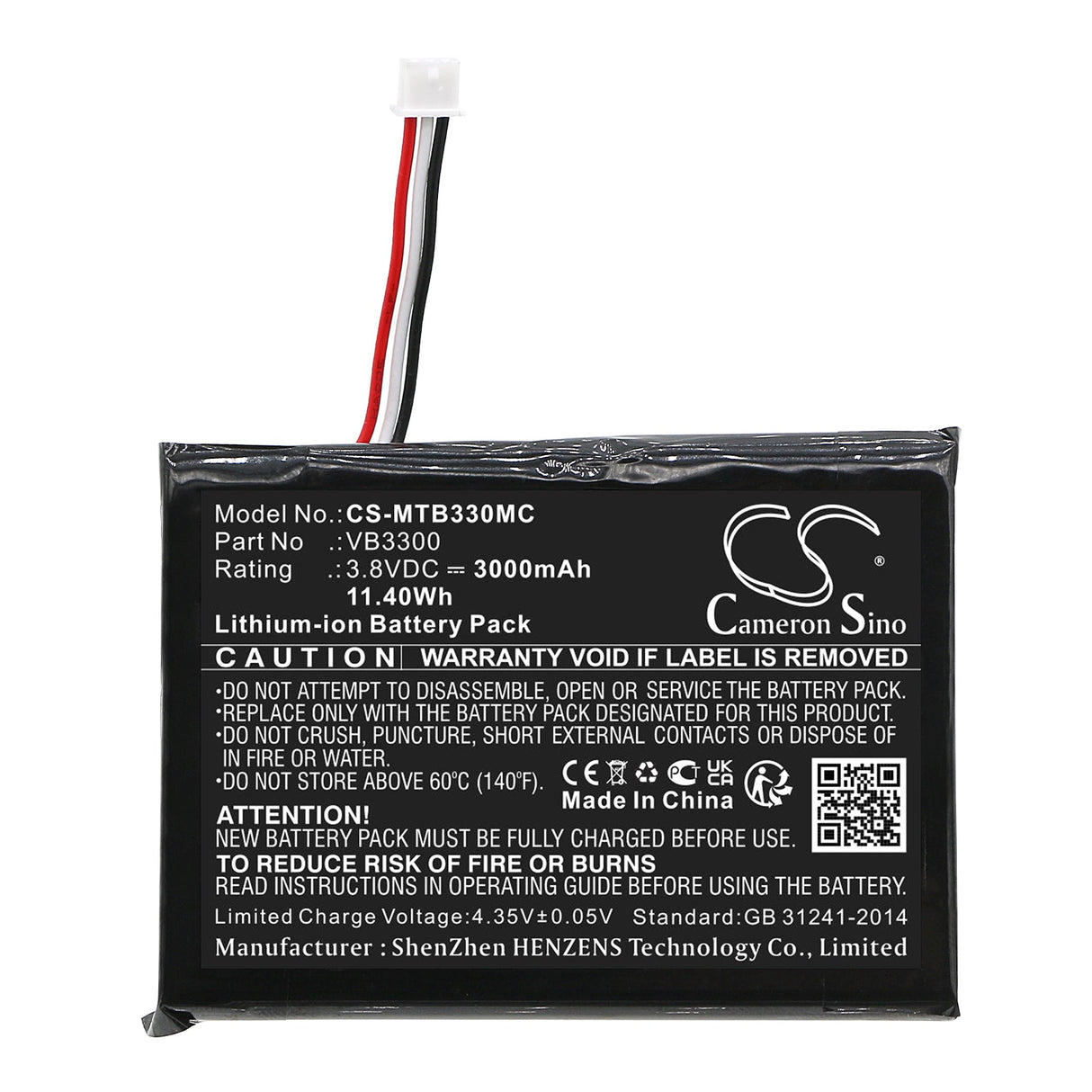 3.8V, Li-ion, 3000mAh, Battery fits Motorola, Vb400, Vb400 Body Camera, 11.40Wh Body Camera Cameron Sino Technology Limited