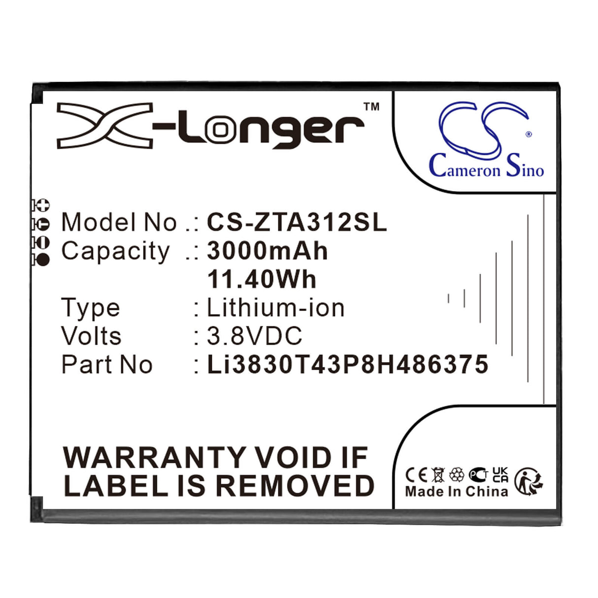 3.8V, Li-ion, 2500mAh, SmartPhone battery fits Zte, Li3830t43p8h486375, Blade A31 2021, 9.5Wh Mobile, SmartPhone Cameron Sino Technology Limited (Smartphone)