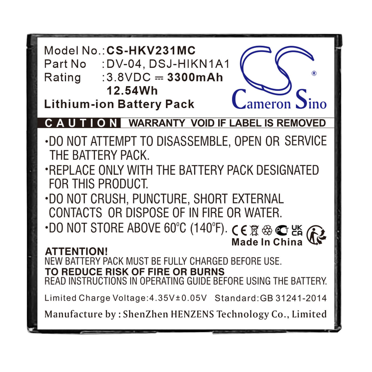 3,8v, Li-ion, 3300mah, Batterie de caméra corporelle compatible avec Hikvision, Dsj-hikn1a1, Ds-mh1310-n1, 12,54wh Caméra corporelle Cameron Sino Technology Limited