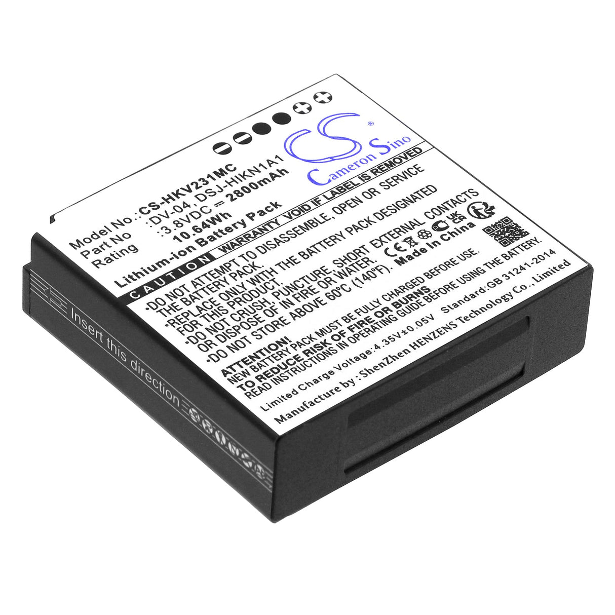 3,8v, Li-ion, 3300mah, Batterie de caméra corporelle compatible avec Hikvision, Dsj-hikn1a1, Ds-mh1310-n1, 12,54wh Caméra corporelle Cameron Sino Technology Limited