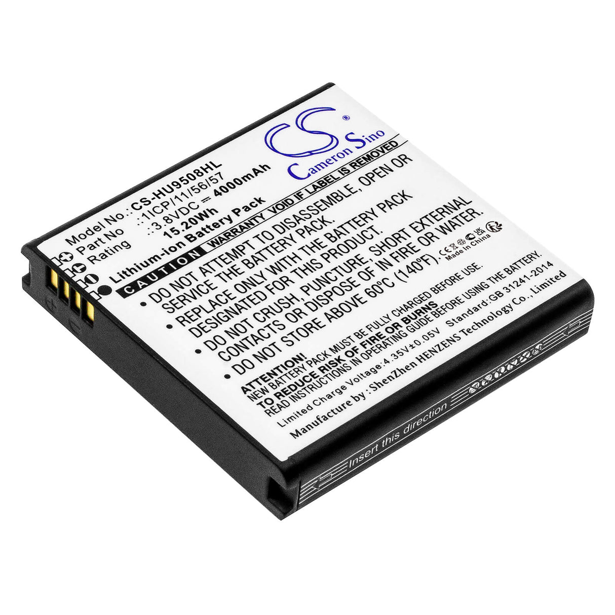 3,8V, Li-ion, 4000mAh, batterie compatible avec les packs de batteries personnalisés, (V2), 1icp/11/56/57, 15,2Wh Pack de batterie Cameron Sino Technology Limited