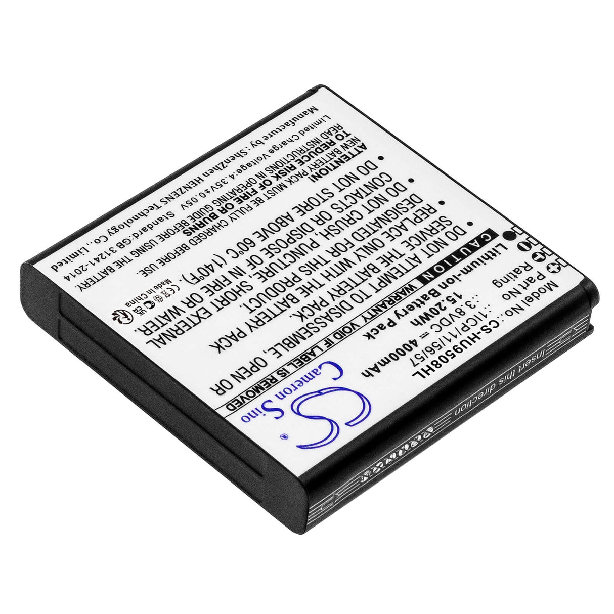 3,8V, Li-ion, 4000mAh, batterie compatible avec les packs de batteries personnalisés, (V2), 1icp/11/56/57, 15,2Wh Pack de batterie Cameron Sino Technology Limited