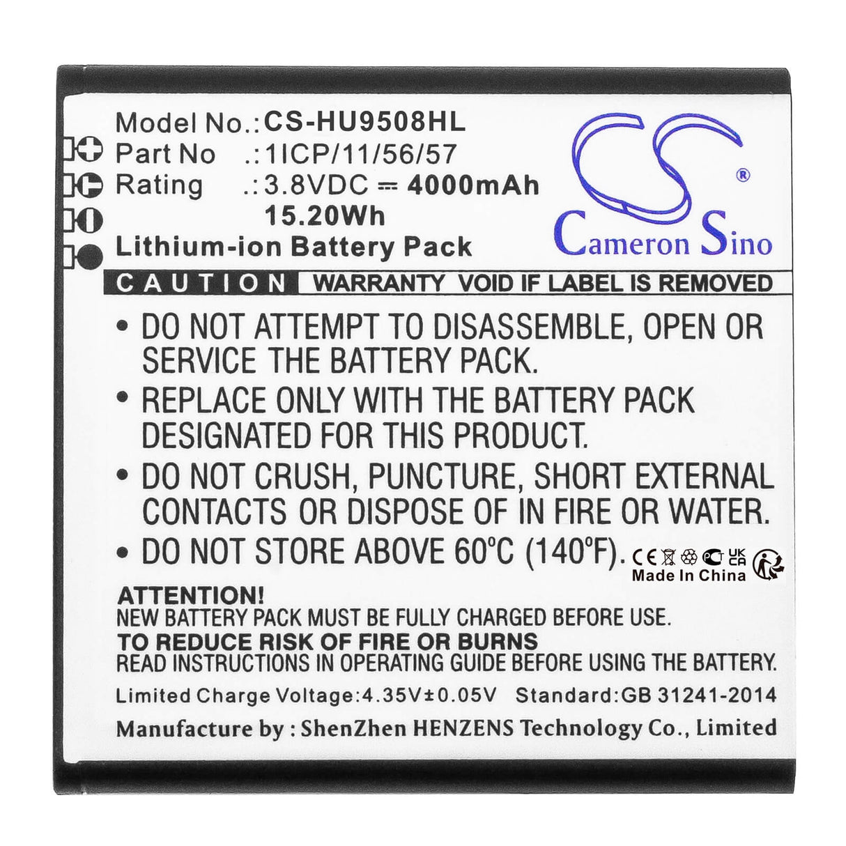 3,8V, Li-ion, 4000mAh, batterie compatible avec les packs de batteries personnalisés, (V2), 1icp/11/56/57, 15,2Wh Pack de batterie Cameron Sino Technology Limited