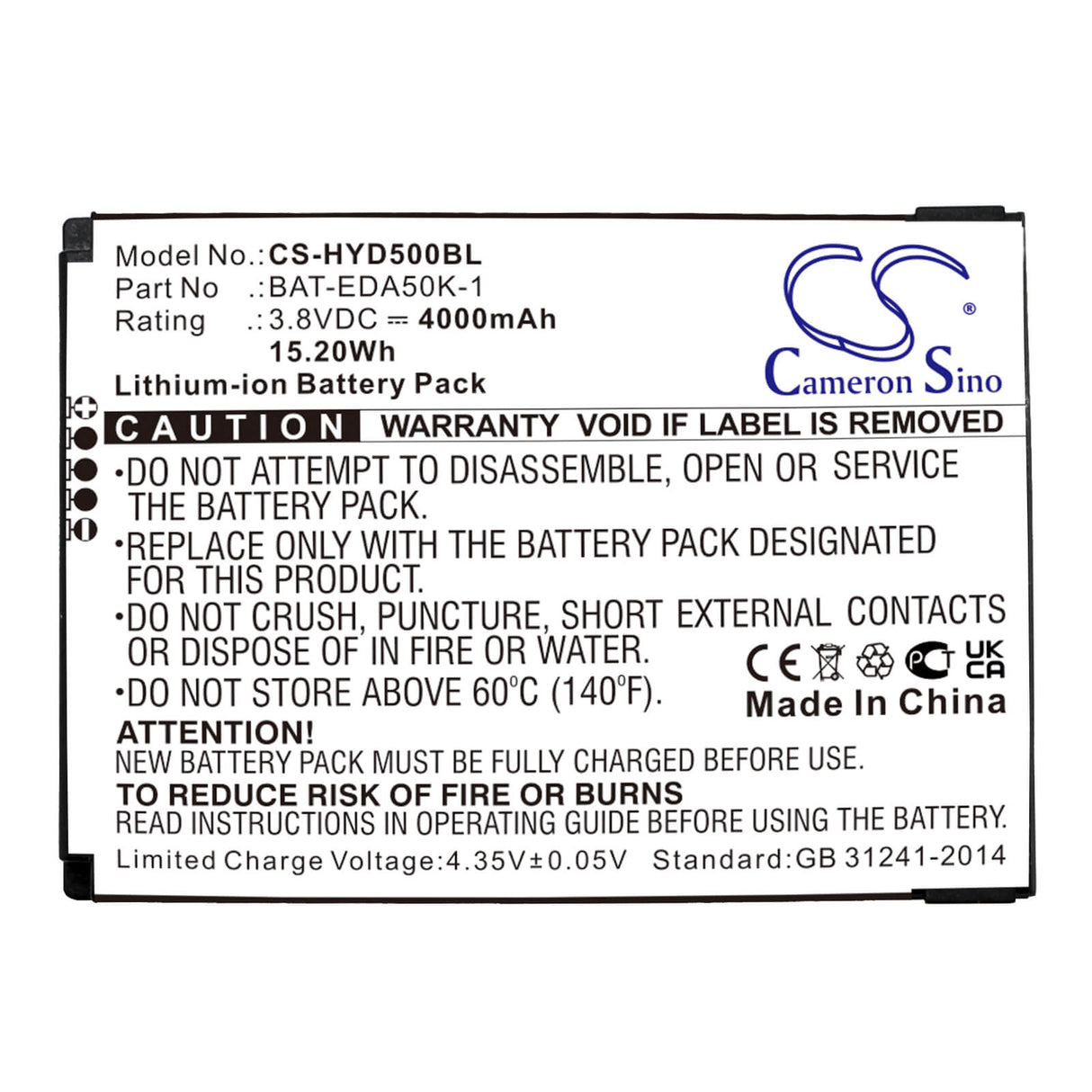 3.8v, Li-ion, 4000mah, Barcode Scanner Battery Fits Honeywell, Eda50k, Scanpal 50, 15.20wh Barcode Scanner Cameron Sino Technology Limited