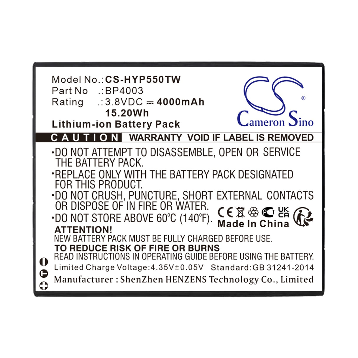 3.8V, Li-Polymer, 4000mAh, Two-Way Radio battery fits Hytera, Bp4003, Pcn550, 15.2Wh Two-Way Radio Cameron Sino Technology Limited