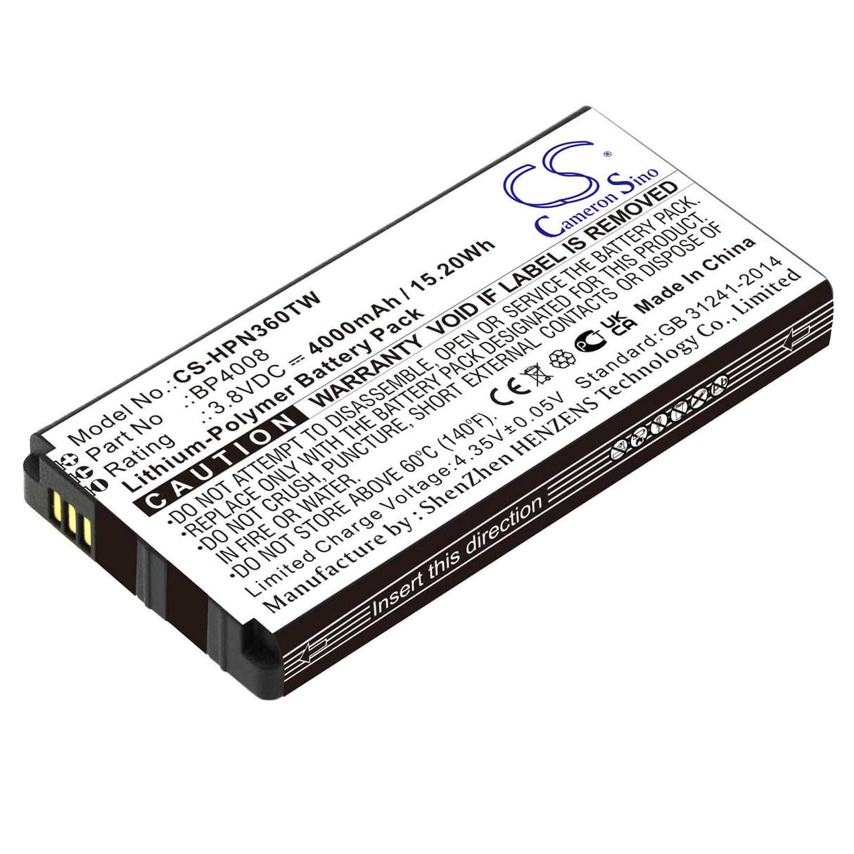 3.8V, Li-Polymer, 4000mAh, Two-Way Radio battery fits Hytera, Bp4008, Pnc360, Pnc360s, 15.2Wh Two-Way Radio Cameron Sino Technology Limited