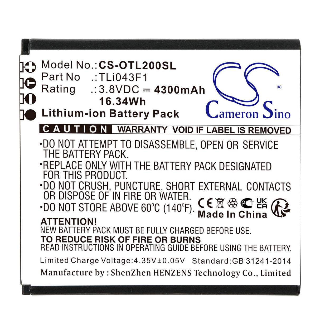 3.8V, Li-ion, 4300mAh, Hotspot battery fits Tcl, Alcatel, Tli043f1, Linkzone 2, Mw43tm21, 16.34Wh Hotspot Cameron Sino Technology Limited